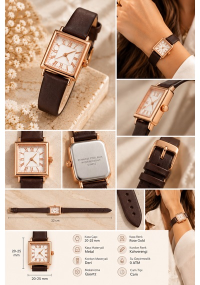 Kadın Kol Saati Kahverengi Deri Kordon, Roma Rakamlı Kadran Rose Gold