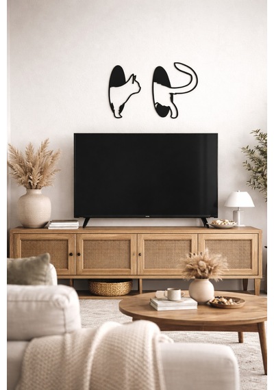 Kedi Figürlü Mdf Duvar Dekoru 2 Li Set Modern Siyah Minimal Kedi Tablosu Siyah