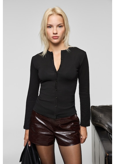 Grımelange TALUVIA Kadın Esnek Kumaşlı Vücuda Oturan Slim Fit Düğmeli Siyah Bluz