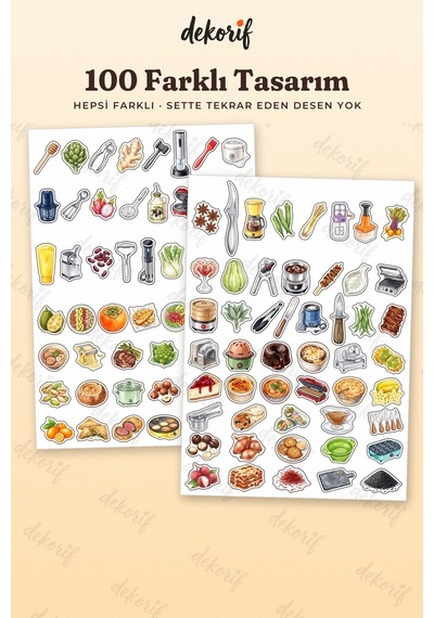 Mutfak Sticker Seti 100 Adet - Yemek Pişirme Gereçleri Ve Malzemeleri Suluboya Ajanda Çıkartma Çok Renkli