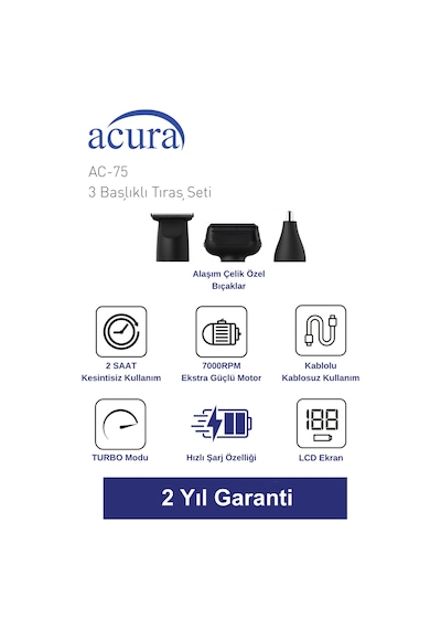 Acura Ac-75 3 Başlıklı Metal Gövdeli Tıraş Seti
