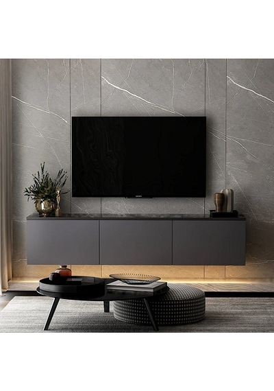 Tv Sehpası Norm Duvara Monte Antrasit Mermer Desen Led Işıklı 160