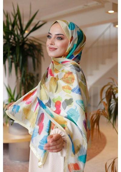 Mimiyum Nayf İpek Şal Pastel Desen Limon Sarısı