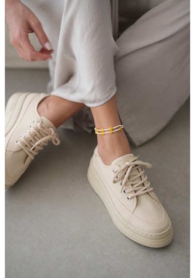 Peinta Yüksek Tabanlı Bağcıklı Kadın Sneaker- Bej