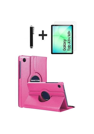 Samsung Galaxy Uyumlu Tab A11 Plus 2025 Kılıf Ekran Koruyucu Kalem Seti 360 Dönebilen Kapak Ön Arka Koruma Pembe