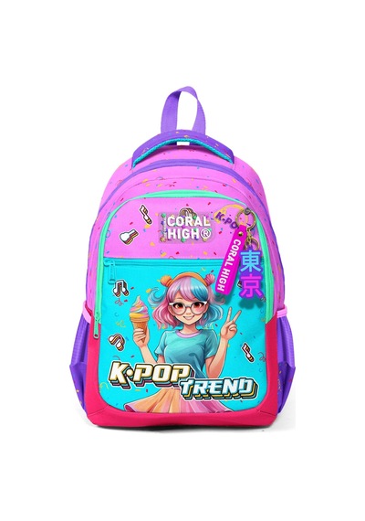 Coral High Kids Pembe Turkuaz K-pop Desenli Üç Bölmeli Okul Sırt Çantası 14427 Pembe - Turkuaz