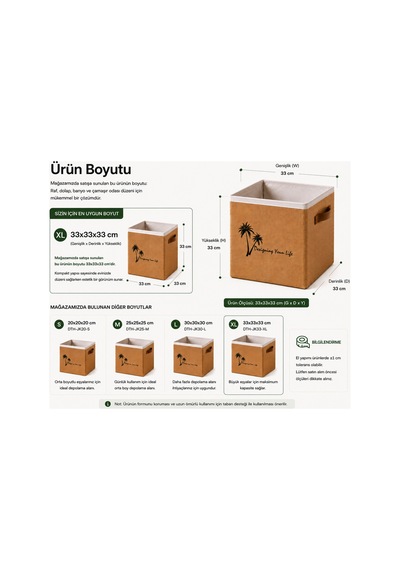 Jüt Dolap Düzenleyici Saklama Kutusu 33x33x33 Cm Katlanabilir Çok Amaçlı Organizer Sepet Doğal