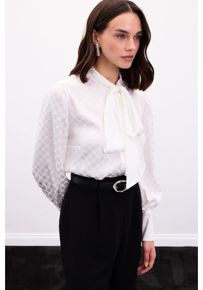 Sateen Puantiye Desenli Gömlek - Ekru-136903 ekru