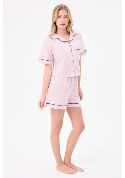 Lespadon Marısılk Seastrıpe Kadın Yazlık Şortlu Crop Gömlekli Pijama & Lounge Takımı-3176 Pudra