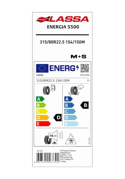 Lassa 315/80R22.5 154/150M M+S & Sfm Energia EG5500 A.Çeker Yaz Lastiği 2024