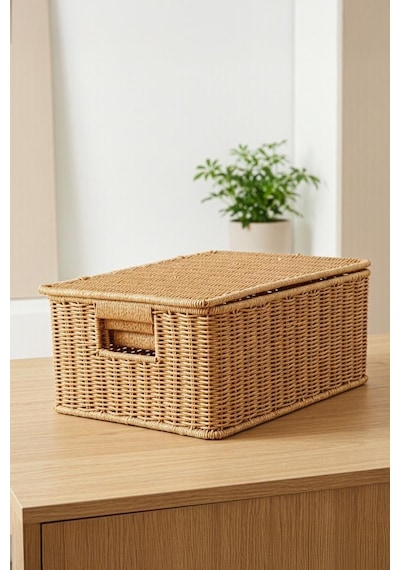 Digithome 3'lü Kapaklı Hasır Rattan Organizer Sepet - Bb6065 Turuncu