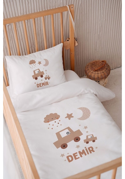%100 Pamuk Saten Isme Özel Isimli 100x150 Bebek Yatak Nevresim Seti Araba Ve Bulut