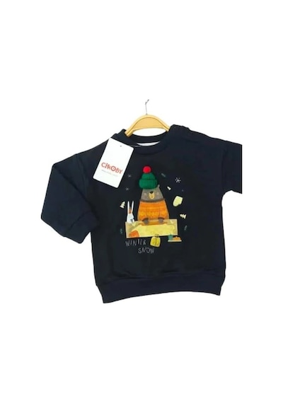 Çikoby Bebek Örgü Şapkalı Ayı Baskılı Sweatshirt-13519 Siyah