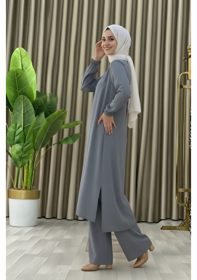 Mismoly Tesettür İkili Takım Uzun Tunik Bol Paça Pantolon 4006-gri Gri