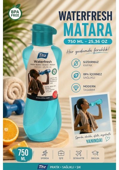 Renkli Suluk Matara 750 Ml Kokusuz Suluk, Okul Suluğu, Spor Suluğu, Plastik Suluk Turkuaz