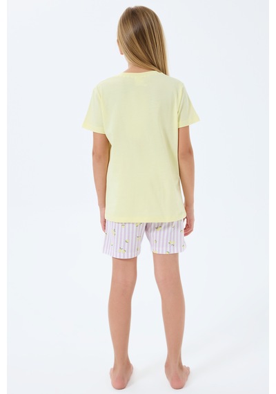 Rolypoly 3777 %100 Pamuk Kız Çocuk Kısa Kol Cepli Şort Pijama Takımı Sarı