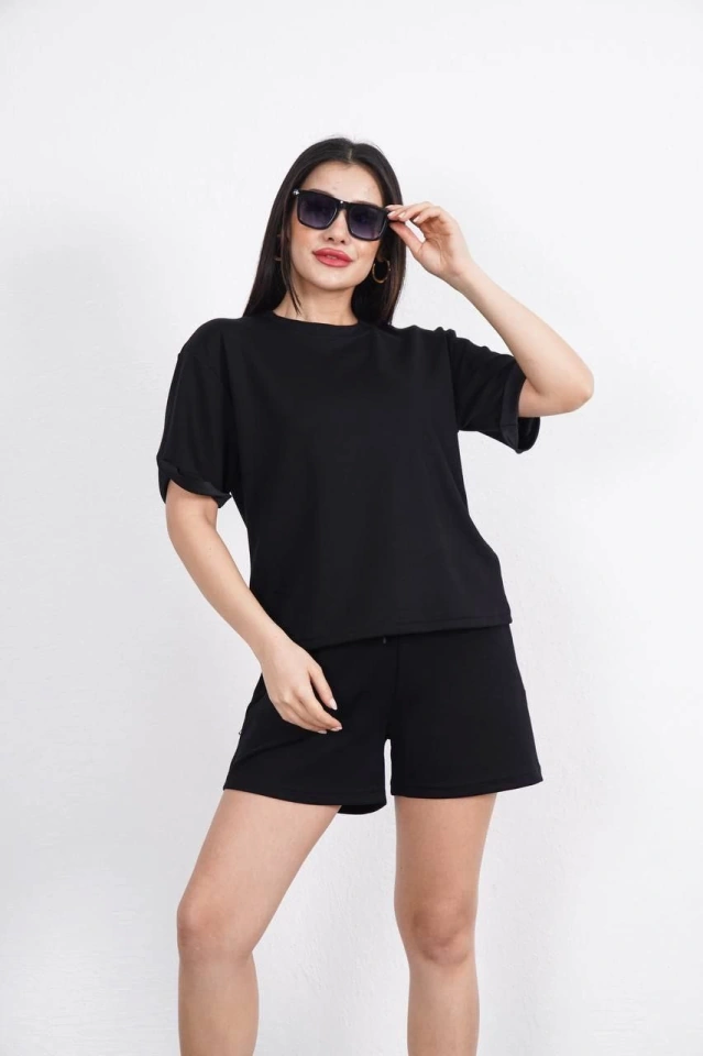 Buğrahayalin Osy Modal Yumuşak Dokulu Kumaş Bisiklet Yaka T-shirt Kısa Şort İkili Takım - Siyah Siyah