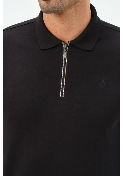 Fermuarlı Uzun Kollu Regular Fit Erkek Polo Yaka T-shirt Siyah