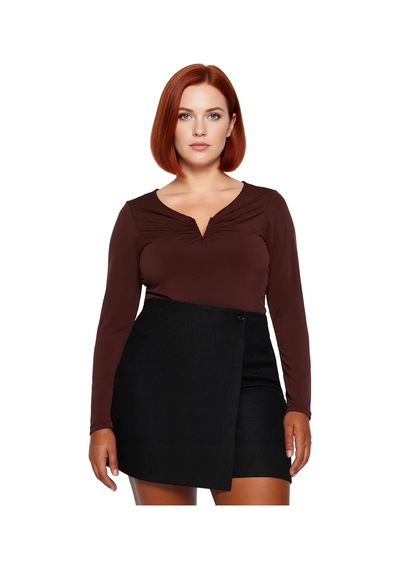 Ersefa Kadın V Yaka Uzun Kollu Polyester Bluz İlkbahar Sonbahar Modası S Kahverengi