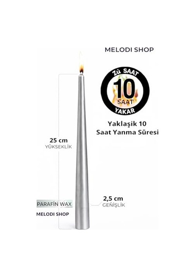 Gümüş Renk İnce Şamdan Mum Seti, 25 Cm Uzunluk, 10'lu Paket, Dekoratif Taper Dilek Mum, Şık Masa, Davet Ve Öze Diğer