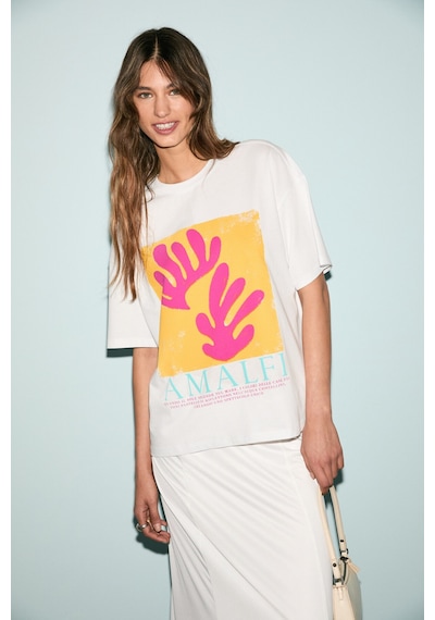 Grımelange VEYMIRA Kadın %100 Pamuk Bisiklet Yaka Kısa Kollu Oversize Fit Beyaz / Desenli T-Shirt
