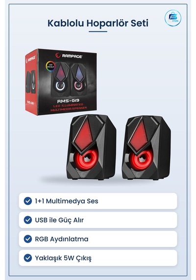 Kablolu Hoparlör Usb 2.0 1+1 Rgb Multimedya Ses Seti Siyah 5w Bil