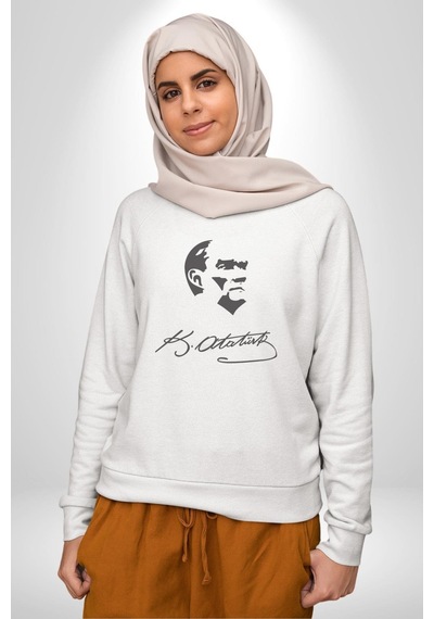 Kemal Atatürk İmza Ve Silüet Kadın Erkek Beyaz Baskılı Sweatshirt Beyaz