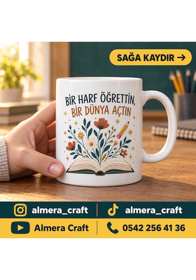 Kişiye Özel İsimli Öğretmen Kupası Öğretmene Hediye Baskılı Porselen Kupa Bardak 300 Ml Almera Craft Beyaz - Beyaz