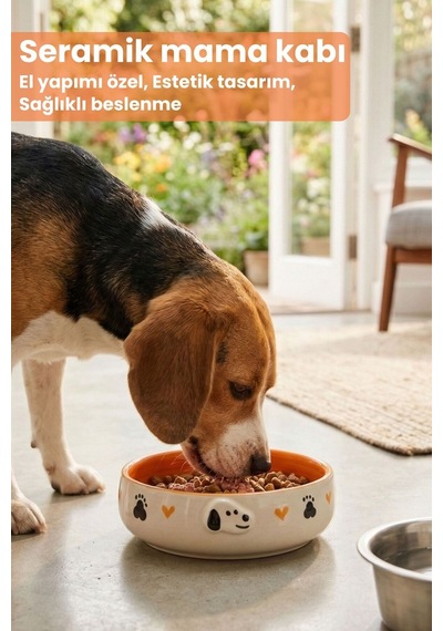 Tekli Seramik Köpek Desenli 600 Ml Turuncu-mama Kabı Kedi Köpek Mama Su Kabı