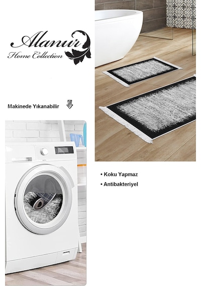 Dekoreko Kaymaz Taban Djt 2 Li Banyo Paspas Takımı Star Pamuk Saçaklı Modern 1342 Siyah