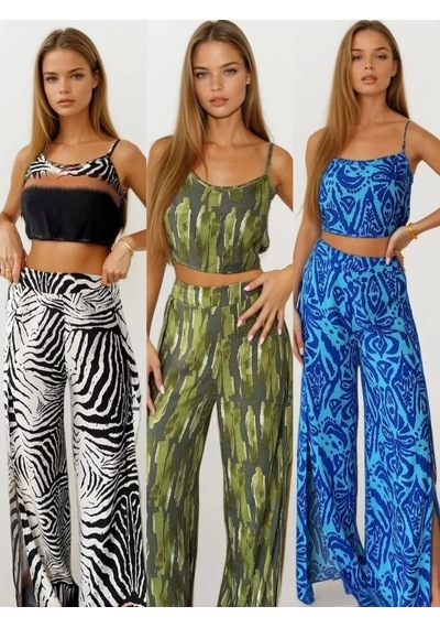 Defymoda Kadın Dokuma Viskon Yırtmaç Detaylı Takım Zebra
