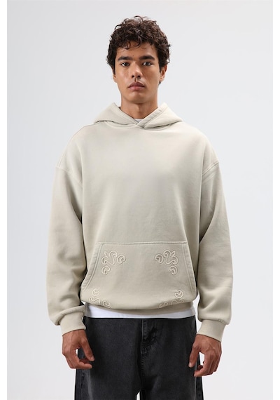Vamos Oversize Nakış Detaylı Hoodie Bej