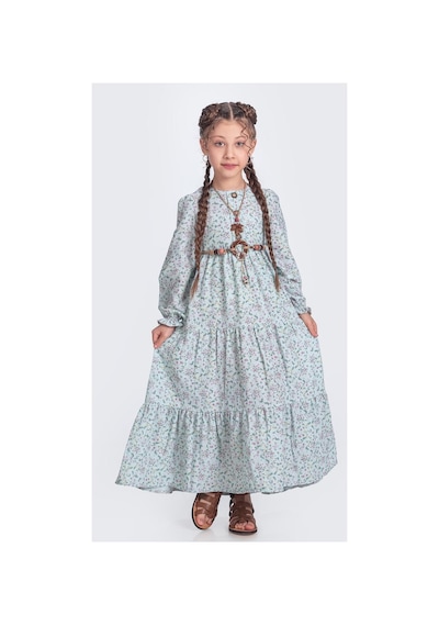 Mnk Baby & Kids Müslin Kumaş Kız Çocuk Uzun Kol Tesettür Elbise M00705 Açık Yeşil