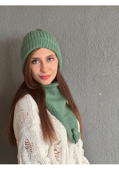 Gönülden Tasarım El Örgüsü Yumuşak Kadın Bere Boyunluk Set Haki