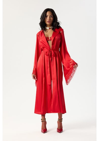 Eclatant Kırmızı Dantelli Uzun Saten Sabahlık / Kimono Kırmızı