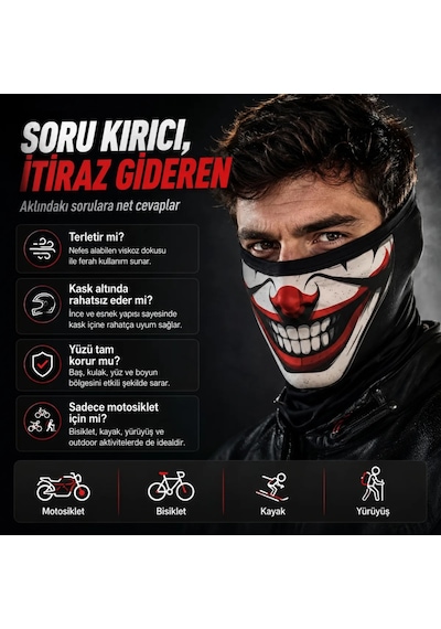Unisex Palyaço Baskılı Balaklava Maske 1 Adet Tek Beden Viskoz Kask İçi Outdoor Motosiklet Maskesi 1 Siyah