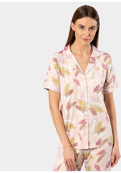 Türen Yaprak Desenli Kısa Kollu Gömlek Yaka Pijama Takımı 3355/pudra 001