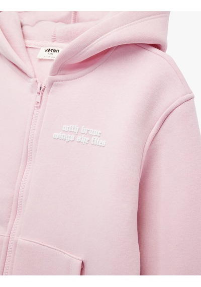 Koton Baskılı Uzun Kollu Fermuarlı Şardonlu Kapşonlu Sweatshirt Pembe 6wkg10468ak Gül