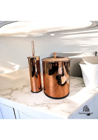 İsaoğlu Yapı Bakır Çöp Kovası Bakır Banyo Fırçası Komple Set Bronz Metal Paslanmaz Vintage Tasarım Bakır