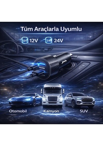 Polham 60w Pd Hızlı Araç Şarj Cihazı 2x Type-c Çıkışlı 12v / 24v Uyumlu Araç Çakmaklık Şarj Adaptörü 1 Adet
