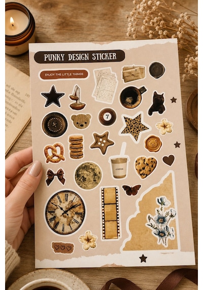Kahverengi Sticker Seti Vintage Ayıcık Kitap Kahve Çiçek Estetik Etiket-4 Sayfa-90 Adet-kalın Kuşe K