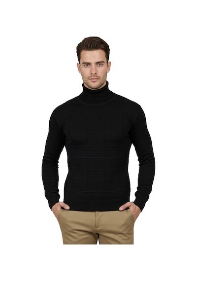 Deepsea Erkek Siyah Kare Desenli Balıkçı Yaka Slim Fit Boğazlı Triko Kazak 2505493 Siyah