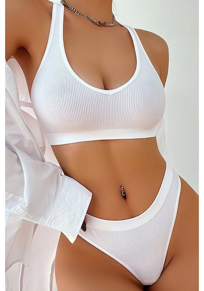 Ang Butik Kadın Beyaz Desteksiz Seamless Tangalı İç Çamaşır Takımı