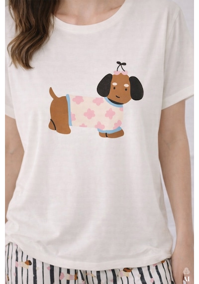 Koza İç Giyim Kadın Pamuklu Renkli Köpek Baskılı Örme Pijama Takımı Kk30127 Ekru - Gri