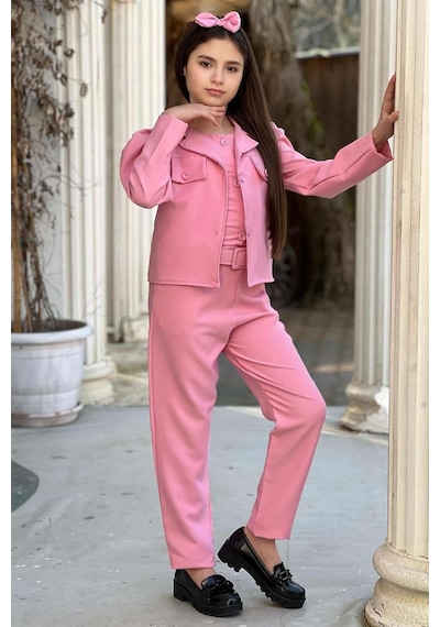 Riccotarz Kız Çocuk Kolsuz Penye Gömlek Cep Detaylı Blazer Ceket Kemerli Pantolon Pembe Alt Üst Takım Pembe Riccotarz Kız Çocuk Kolsuz Penye Gömlek Cep Detaylı Blazer Ceket Kemerli Pantolon Pembe Alt Üst Takım Pembe