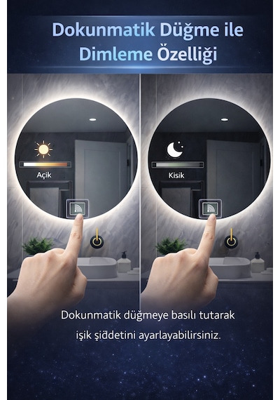 Digital Hayat Buğu Çözücü Dokunmatik Dimlenebilir Yuvarlak Ayna Mavi Işıklı Led Dekoratif Banyo Makyaj Aynası Mavi