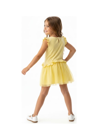 Toontoy Kids Toontoy Kız Çocuk Regular Fit Bisiklet Yaka Fırfır Kol Fiyonk Detaylı Tüllü Elbise 25047 Açık Sarı