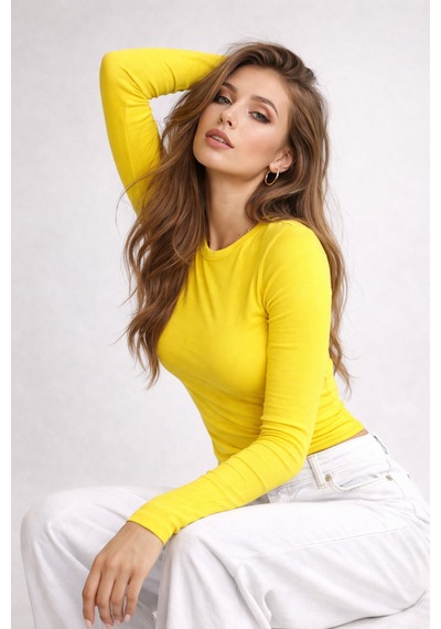 Rich Kadın Sarı Bisiklet Yaka Uzun Kollu Bluz Sarı