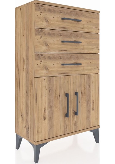 Arges Komodin Tek Raflı 3 Çekmeceli 2 Kapaklı 60x30x106 Çam-çam Çam