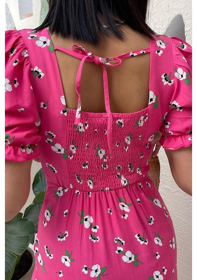 Madmext Pembe Çiçek Desenli Balon Kol Midi Elbise Mg1820-pembe